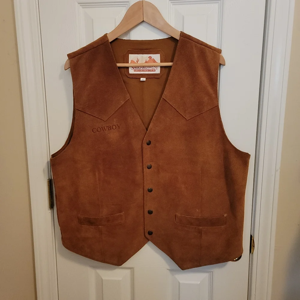 Saguarowest Trading Co Vintage Cowboy Embroidered Fully Lined Suede Vest Size XL - Picture 1 of 13